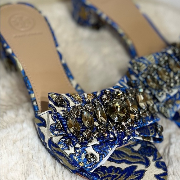 NWB NWT $373 Tory Burch Metallic Floral Valentina 45 MM Bow Barricade Sandals 7 - Picture 5 of 9